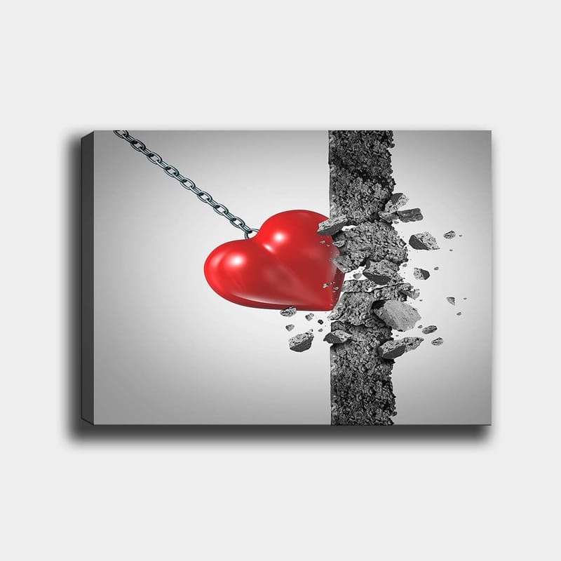 Lærred 70x100 cm - Rødt hjerte der bryder gennem en betonvæg, Rød / Grå