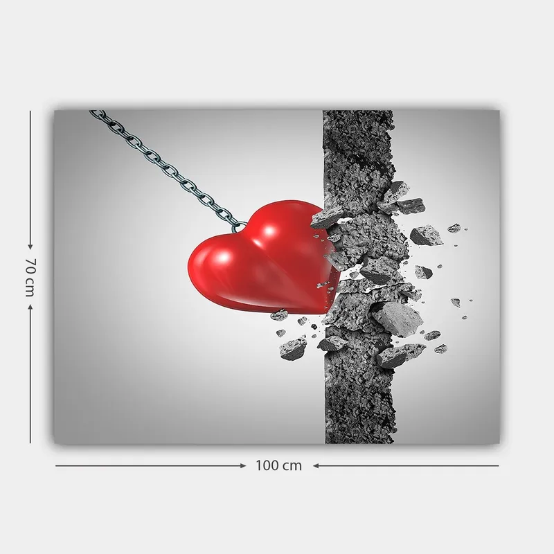 Lærred 70x100 cm - Rødt hjerte der bryder gennem en betonvæg - Rød / Grå - Boligtilbehør - Billeder & kunst - Billeder på lærred