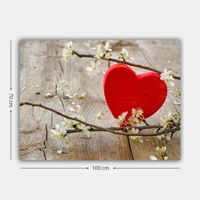 Lærred 70x100 cm - Rødt hjerte omgivet af blomster på en træoverflade - Rød / Hvid - Boligtilbehør - Billeder & kunst - Billeder på lærred