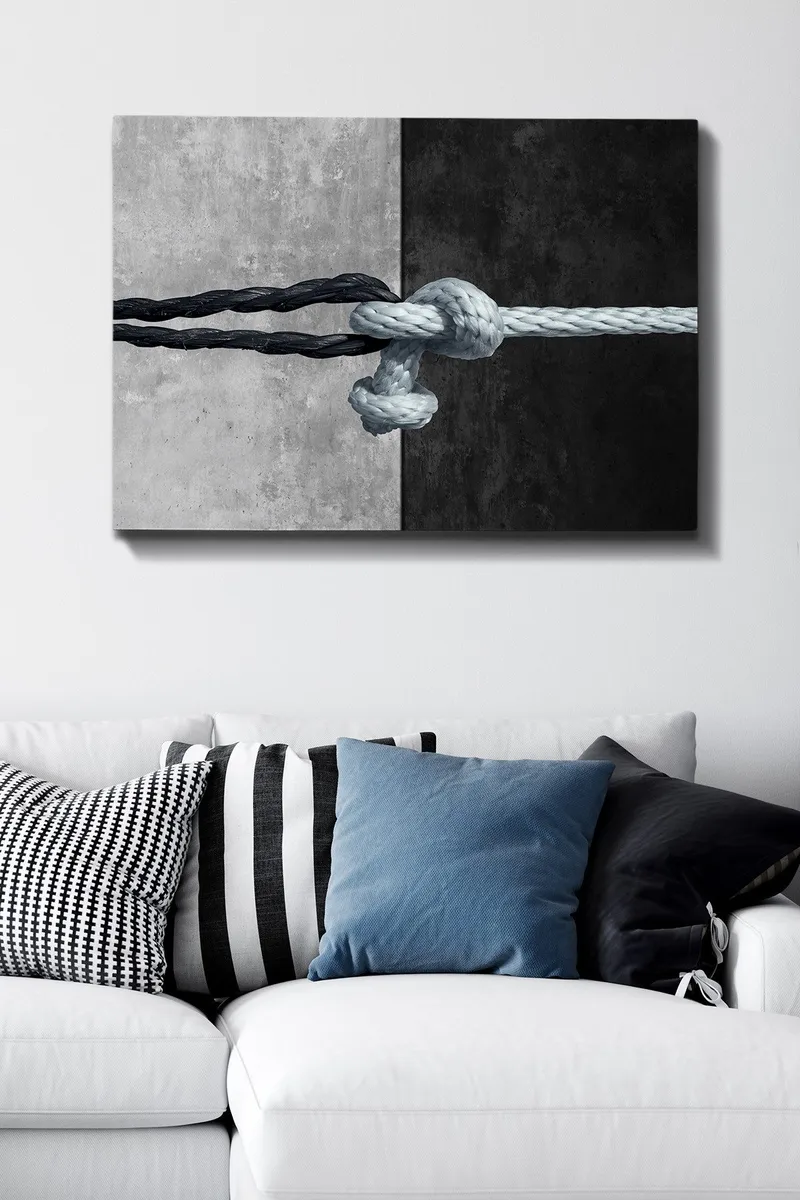 Lærred 70x100 cm - Rebknude der forbinder to kontrasterende overflader i sort og grå, Sort / Grå / Lyseblå