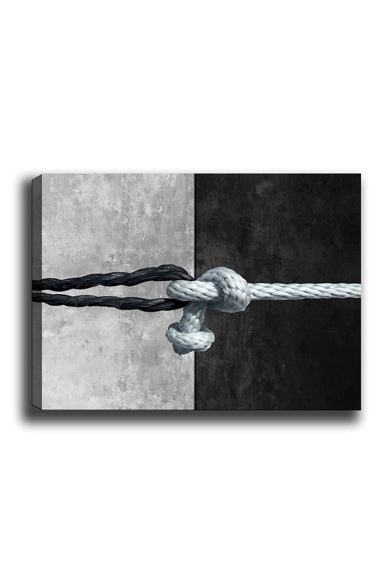 Lærred 70x100 cm - Rebknude der forbinder to kontrasterende overflader i sort og grå - Sort / Grå / Lyseblå - Boligtilbehør - Billeder & kunst - Billeder på lærred