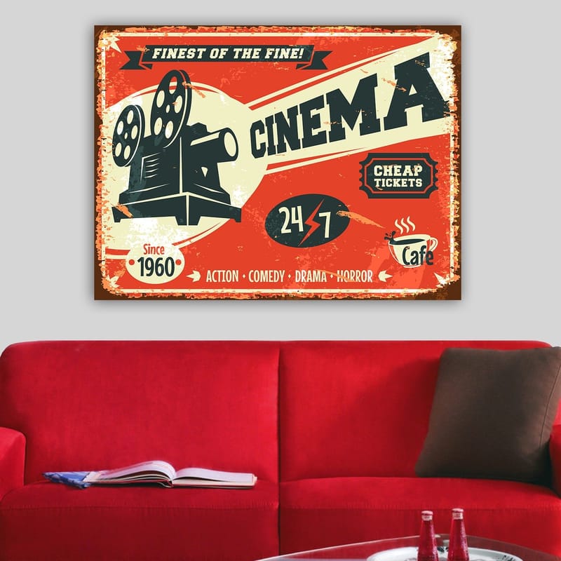 Lærred 70x100 cm - Retro plakat med et filmkamera, der symboliserer biografens verden - Rød / Sort / Beige - Boligtilbehør - Billeder & kunst - Billeder på lærred