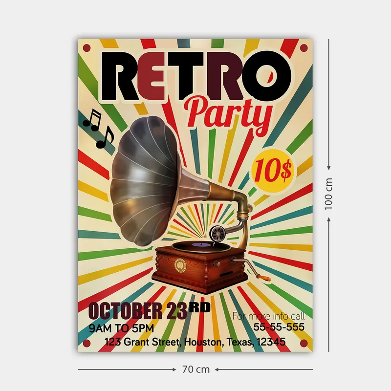 Lærred 70x100 cm - Retro plakat med en grammofon som hovedmotiv - Gul / Rød / Grøn - Boligtilbehør - Billeder & kunst - Billeder på lærred