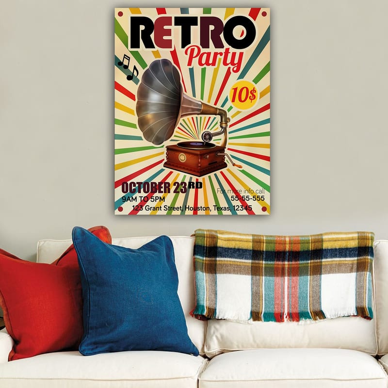 Lærred 70x100 cm - Retro plakat med en grammofon som hovedmotiv - Gul / Rød / Grøn - Boligtilbehør - Billeder & kunst - Billeder på lærred