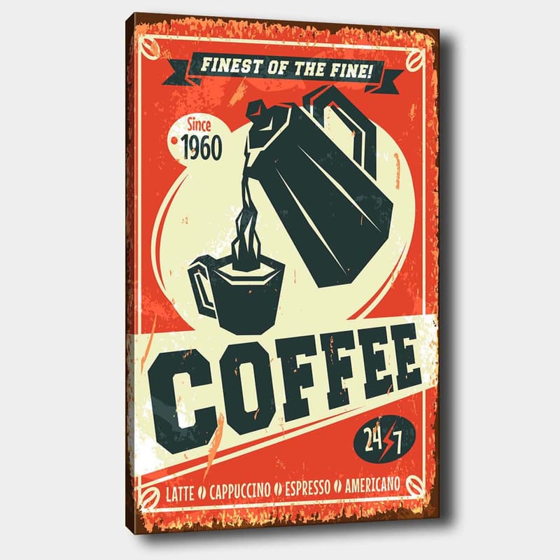 Lærred 70x100 cm - Retro plakat med en kaffekande der hælder kaffe i en kop, Rød / Sort / Beige