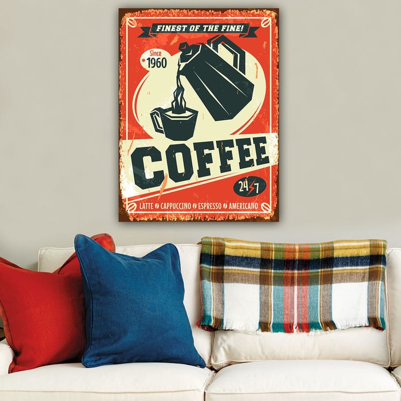 Lærred 70x100 cm - Retro plakat med en kaffekande der hælder kaffe i en kop - Rød / Sort / Beige - Boligtilbehør - Billeder & kunst - Billeder på lærred