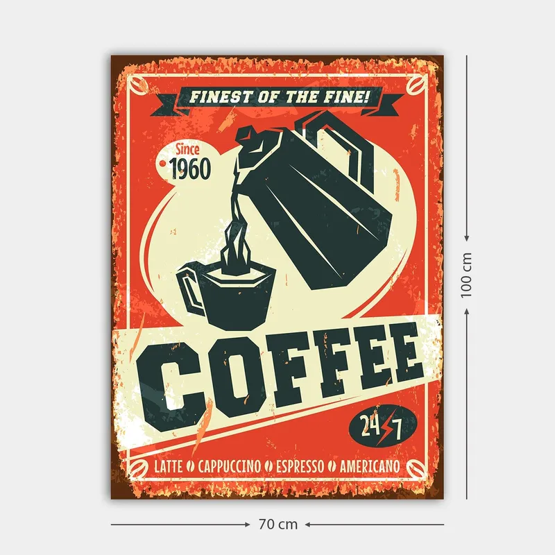 Lærred 70x100 cm - Retro plakat med en kaffekande der hælder kaffe i en kop - Rød / Sort / Beige - Boligtilbehør - Billeder & kunst - Billeder på lærred