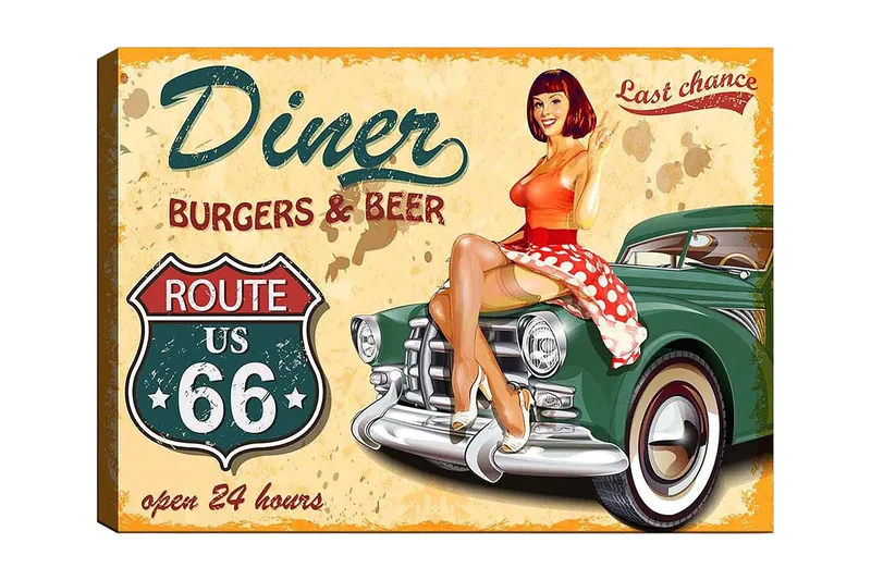 Lærred 70x100 cm - Retroinspireret maleri med en kvinde i en rød kjole med hvide prikker, der sidder på en veteranbil på en diner, Rød / Grøn / Beige