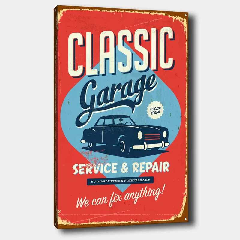 Lærred 70x100 cm - Retroinspireret skilt med en klassisk bil og tekst til garagevirksomhed, Rød / Blå / Sort