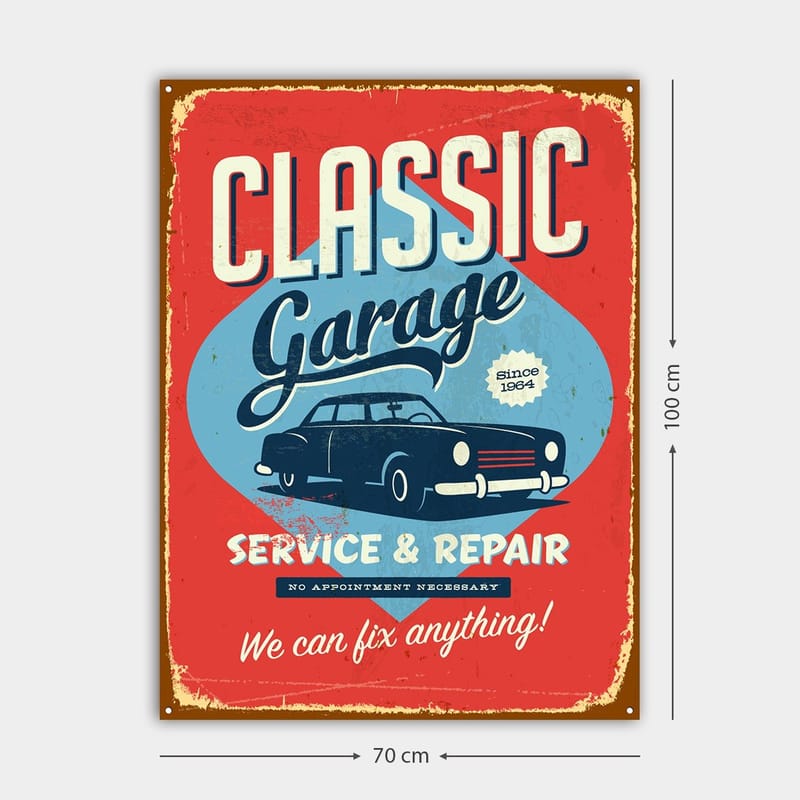 Lærred 70x100 cm - Retroinspireret skilt med en klassisk bil og tekst til garagevirksomhed - Rød / Blå / Sort - Boligtilbehør - Billeder & kunst - Billeder på lærred