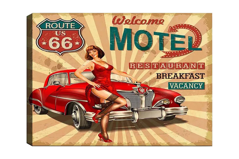 Lærred 70x100 cm - Retroinspireret plakat med en kvinde i rød kjole poserende ved siden af en klassisk rød bil, Rød / Sort / Beige