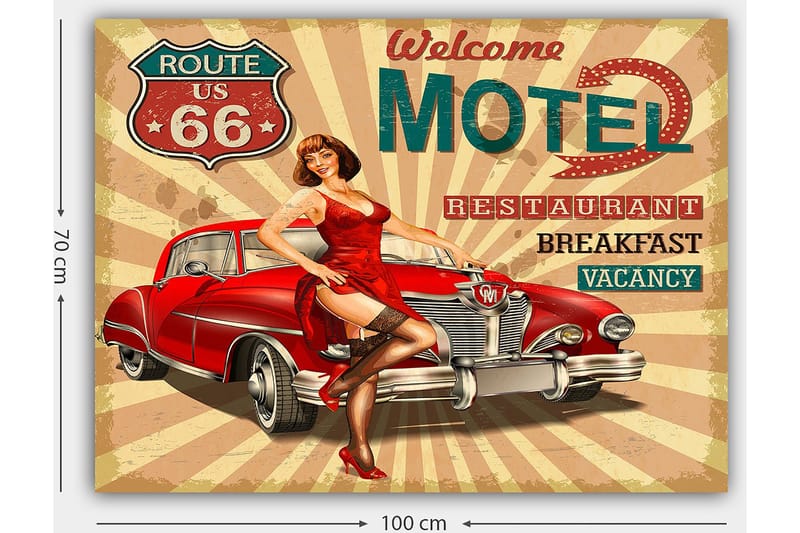 Lærred 70x100 cm - Retroinspireret plakat med en kvinde i rød kjole poserende ved siden af en klassisk rød bil - Rød / Sort / Beige - Boligtilbehør - Billeder & kunst - Billeder på lærred