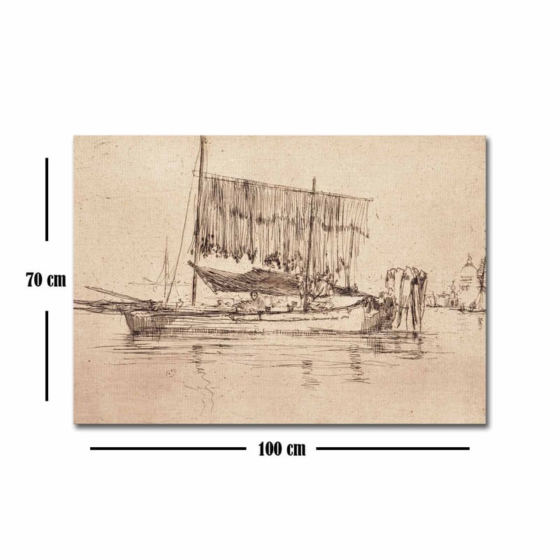 Lærred 70x100 cm - Rolig havnescene med sejlbåde og mennesker ved vandet - Beige / Brun - Boligtilbehør - Billeder & kunst - Billeder på lærred