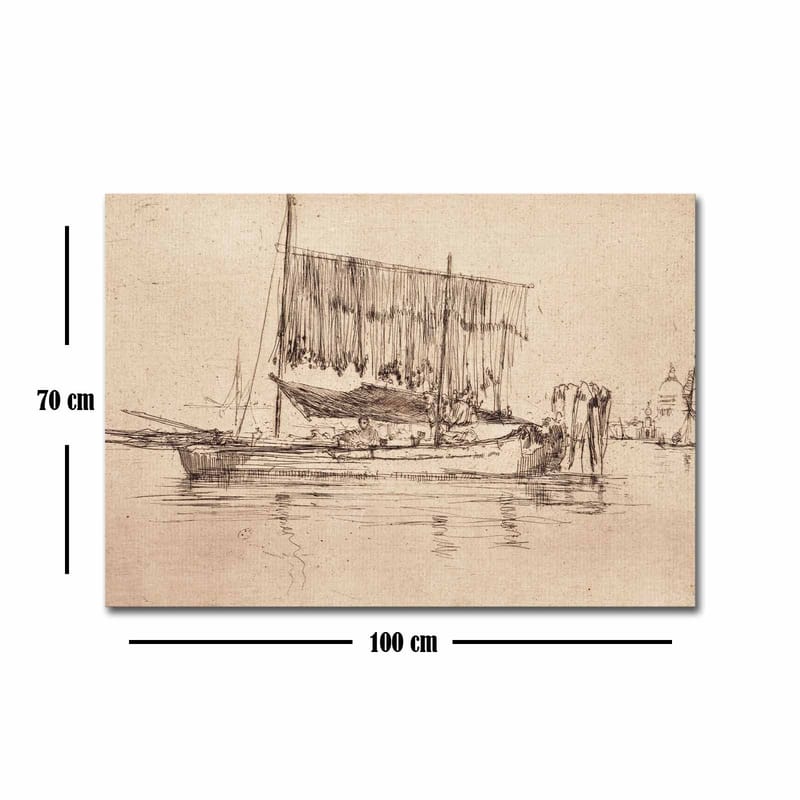 Lærred 70x100 cm - Rolig havnescene med sejlbåde og mennesker ved vandet - Beige / Brun - Boligtilbehør - Billeder & kunst - Billeder på lærred