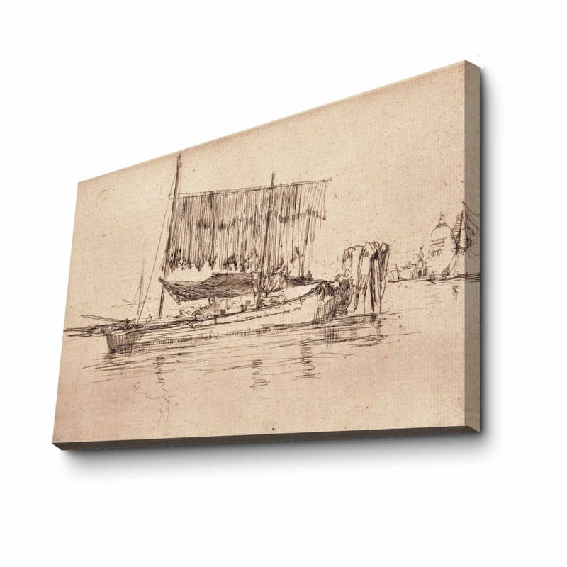 Lærred 70x100 cm - Rolig havnescene med sejlbåde og mennesker ved vandet - Beige / Brun - Boligtilbehør - Billeder & kunst - Billeder på lærred