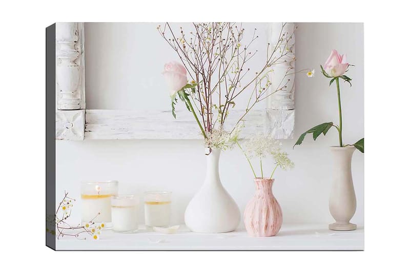 Lærred 70x100 cm - Rolig komposition af blomster i forskellige vaser med en romantisk stemning, Lys pink / Hvid / Beige