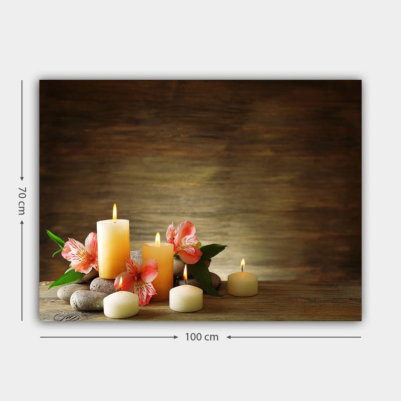 Lærred 70x100 cm - Rolig komposition af skinnende lys og lyserøde blomster på sten - Lysegul / Pink / Grøn - Boligtilbehør - Billeder & kunst - Billeder på lærred