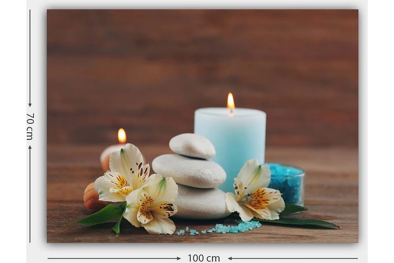 Lærred 70x100 cm - Rolig komposition af sten, blomster og stearinlys, der skaber en afslappende atmosfære - Lyseblå / Hvid / Grøn - Boligtilbehør - Billeder & kunst - Billeder på lærred