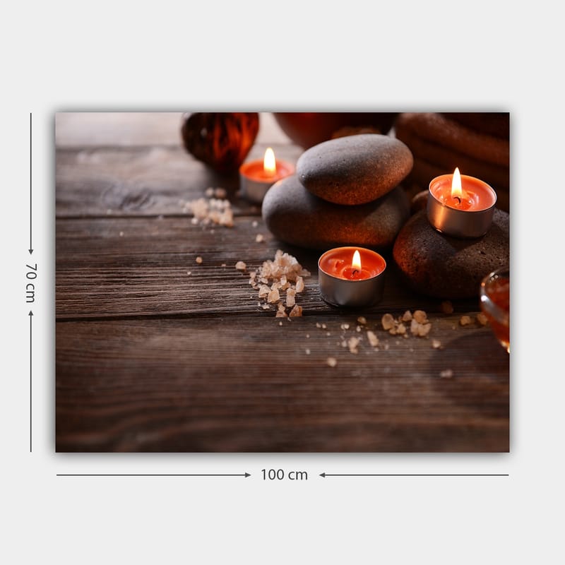 Lærred 70x100 cm - Rolig komposition af sten og tændte stearinlys, der skaber en afslappende atmosfære - Grå / Orange / Brun - Boligtilbehør - Billeder & kunst - Billeder på lærred