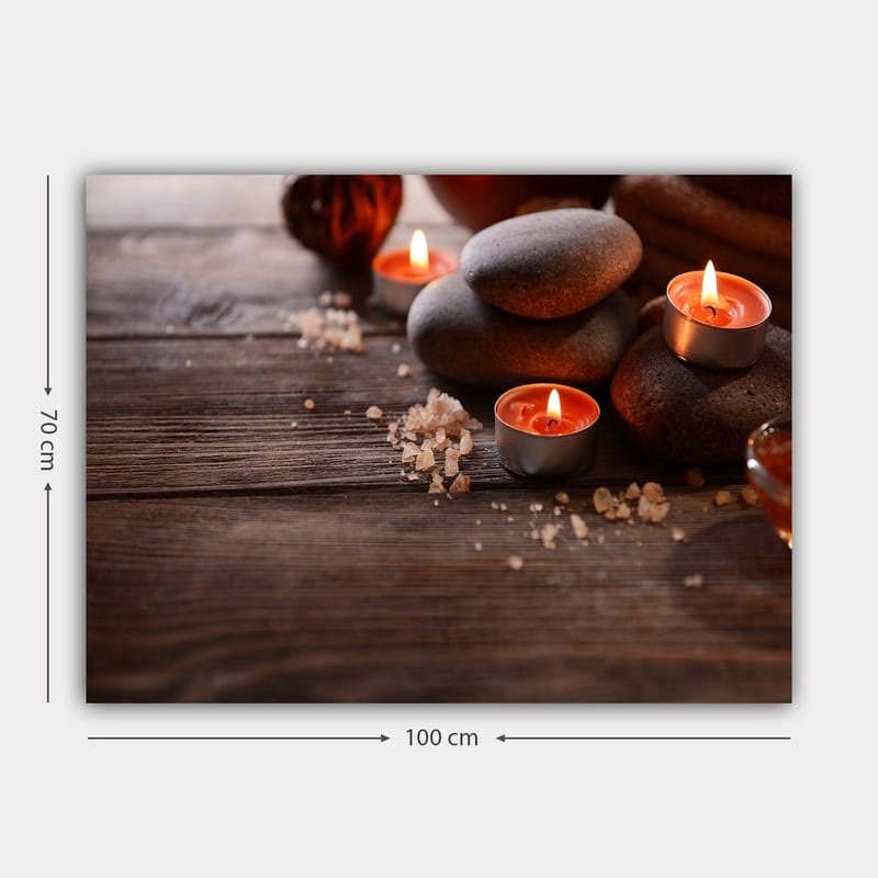 Lærred 70x100 cm - Rolig komposition af sten og tændte stearinlys, der skaber en afslappende atmosfære - Grå / Orange / Brun - Boligtilbehør - Billeder & kunst - Billeder på lærred