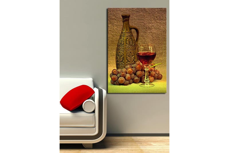 Lærred 70x100 cm - Rolig komposition med en dekorativ kande, et glas vin og druer - Brun / Bordeaux / Grå - Boligtilbehør - Billeder & kunst - Billeder på lærred