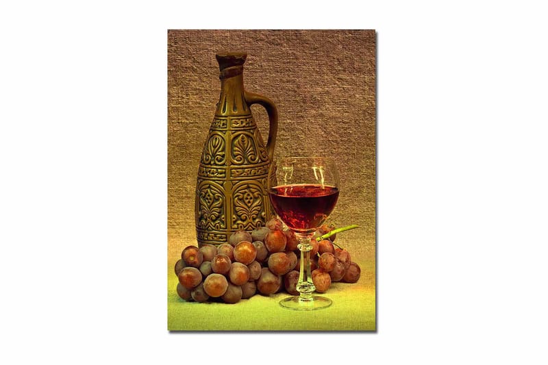 Lærred 70x100 cm - Rolig komposition med en dekorativ kande, et glas vin og druer, Brun / Bordeaux / Grå