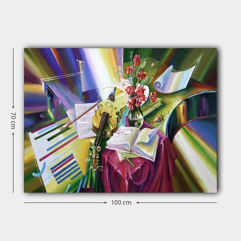 Lærred 70x100 cm - Rolig komposition med en violin, blomster og noder, der fremhæver musikkens skønhed - Grøn / Rød / Lilla - Boligtilbehør - Billeder & kunst - Billeder på lærred