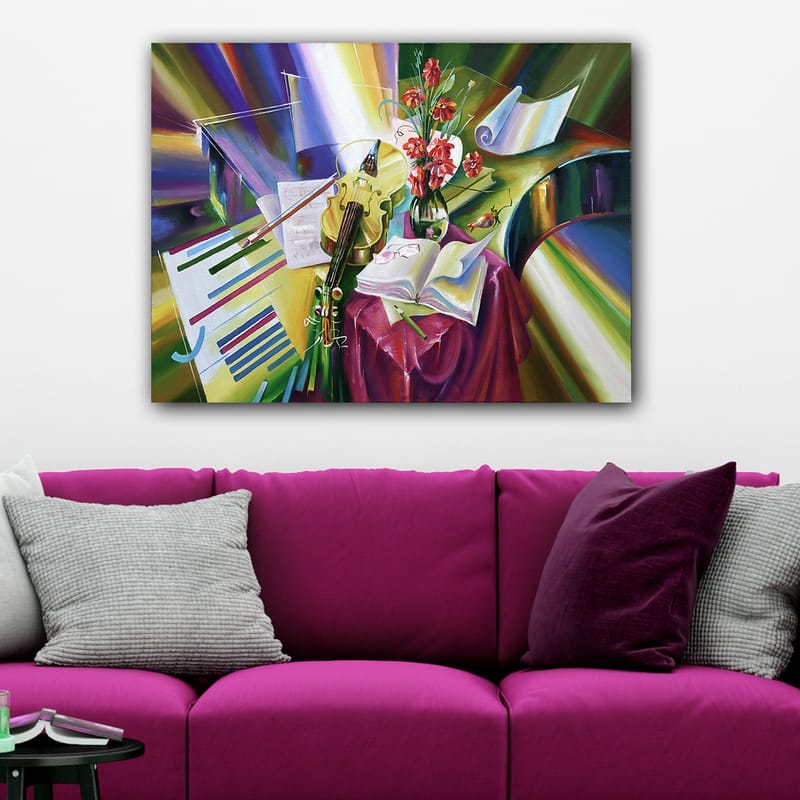 Lærred 70x100 cm - Rolig komposition med en violin, blomster og noder, der fremhæver musikkens skønhed - Grøn / Rød / Lilla - Boligtilbehør - Billeder & kunst - Billeder på lærred