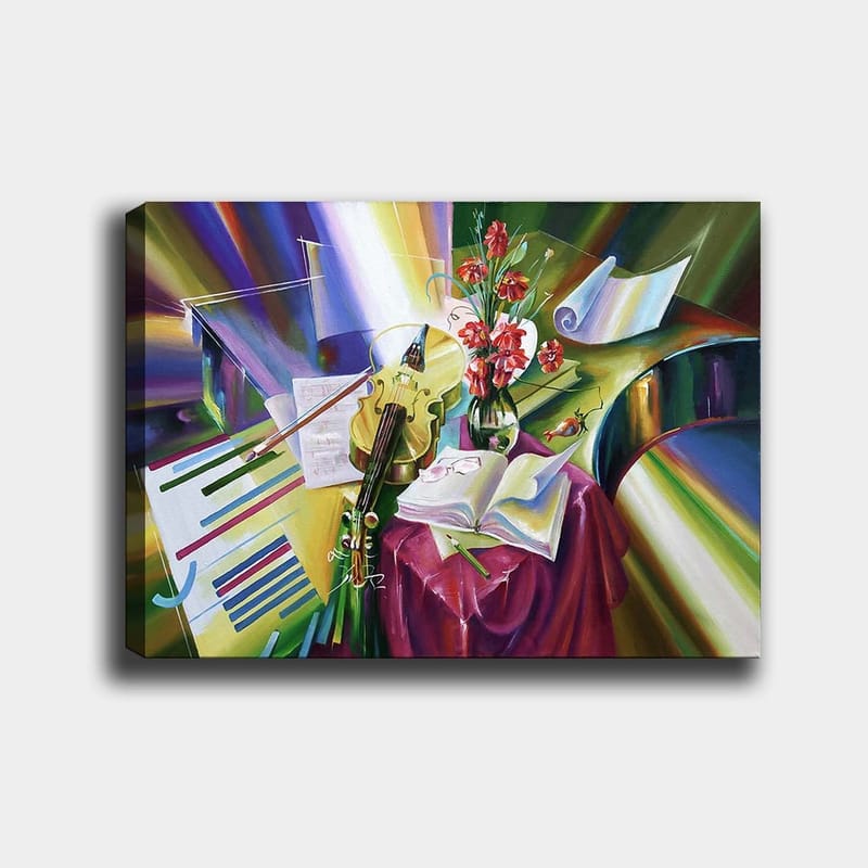 Lærred 70x100 cm - Rolig komposition med en violin, blomster og noder, der fremhæver musikkens skønhed, Grøn / Rød / Lilla
