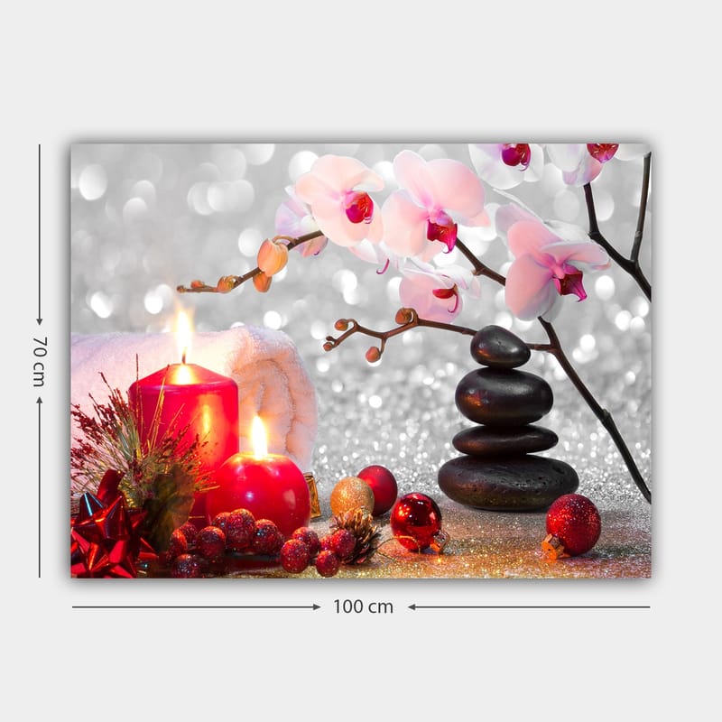 Lærred 70x100 cm - Rolig komposition med klare orkideer, sorte sten og røde lys, der skaber en harmonisk atmosfære - Lyserød / Rød / Sort - Boligtilbehør - Billeder & kunst - Billeder på lærred