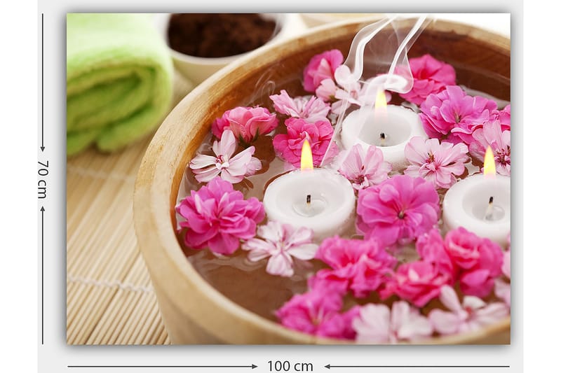 Lærred 70x100 cm - Rolig og afslappende skål med flydende blomster og stearinlys - Lyserød / Hvid / Gul - Boligtilbehør - Billeder & kunst - Billeder på lærred