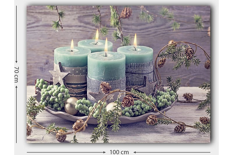Lærred 70x100 cm - Rolig samling af fire lys omgivet af grønt og dekorationer - Grøn / Lyseblå / Brun - Boligtilbehør - Billeder & kunst - Billeder på lærred