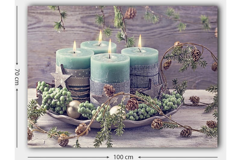 Lærred 70x100 cm - Rolig samling af fire lys omgivet af grønt og dekorationer - Grøn / Lyseblå / Brun - Boligtilbehør - Billeder & kunst - Billeder på lærred