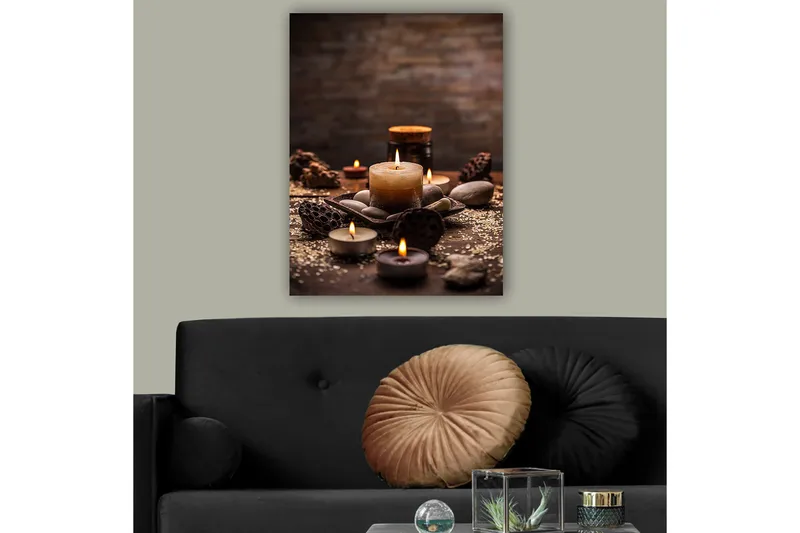 Lærred 70x100 cm - Rolig samling af stearinlys og sten i et harmonisk arrangement - Beige / Brun / Grå - Boligtilbehør - Billeder & kunst - Billeder på lærred