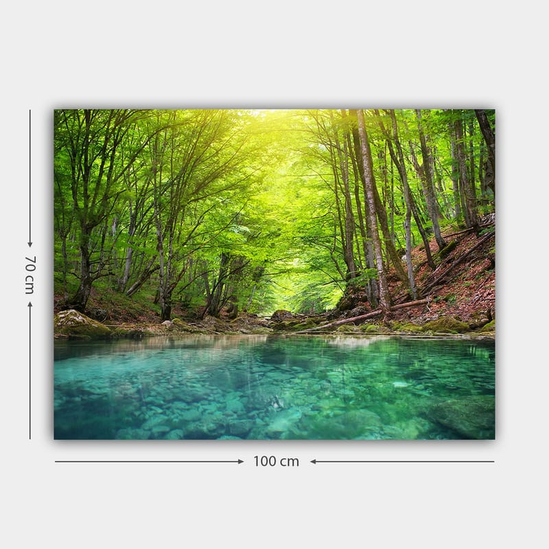 Lærred 70x100 cm - Rolig skovsø omgivet af frodige grønne træer og klippefyldte kyster - Grøn / Turkis - Boligtilbehør - Billeder & kunst - Billeder på lærred