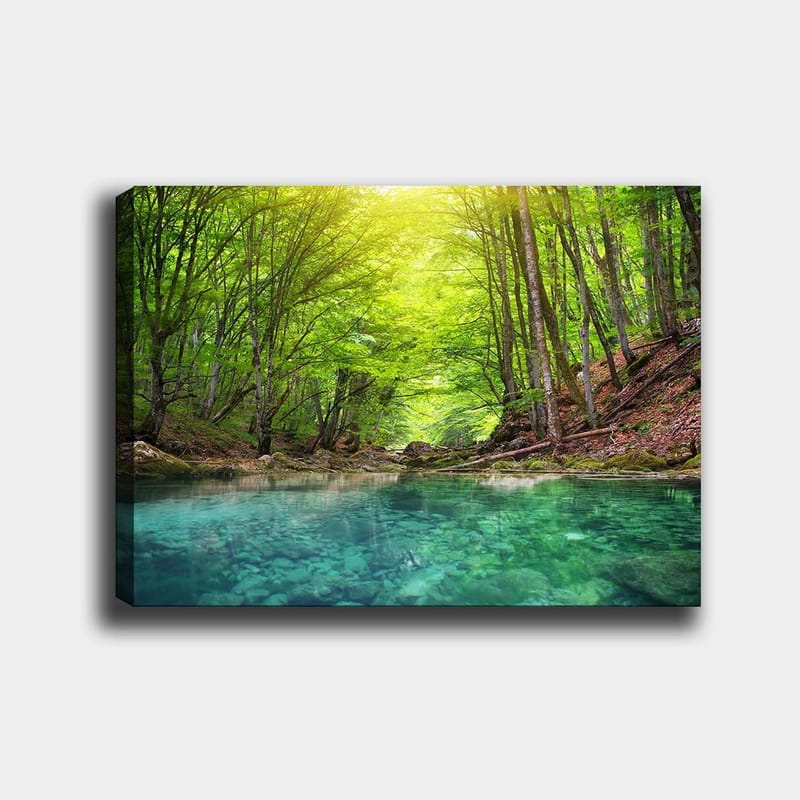 Lærred 70x100 cm - Rolig skovsø omgivet af frodige grønne træer og klippefyldte kyster, Grøn / Turkis