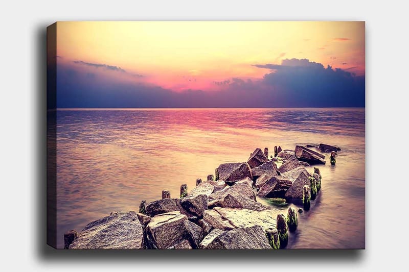 Lærred 70x100 cm - Rolig udsigt over en klippefyldt kystlinje ved solnedgang, Grå / Lyseblå / Pink