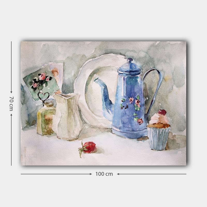 Lærred 70x100 cm - Roligt stilleben med en blå kaffekande, et jordbær og en cupcake - Blå / Hvid / Rød - Boligtilbehør - Billeder & kunst - Billeder på lærred