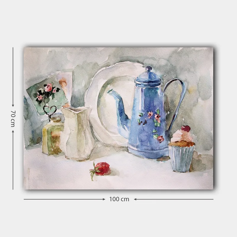 Lærred 70x100 cm - Roligt stilleben med en blå kaffekande, et jordbær og en cupcake - Blå / Hvid / Rød - Boligtilbehør - Billeder & kunst - Billeder på lærred