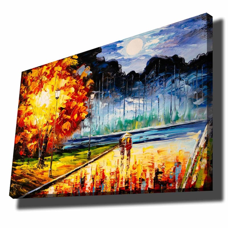 Lærred 70x100 cm - Romantisk gåtur under en månebelyst himmel med farverige efterårstræer - Orange / Blå / Rød - Boligtilbehør - Billeder & kunst - Billeder på lærred