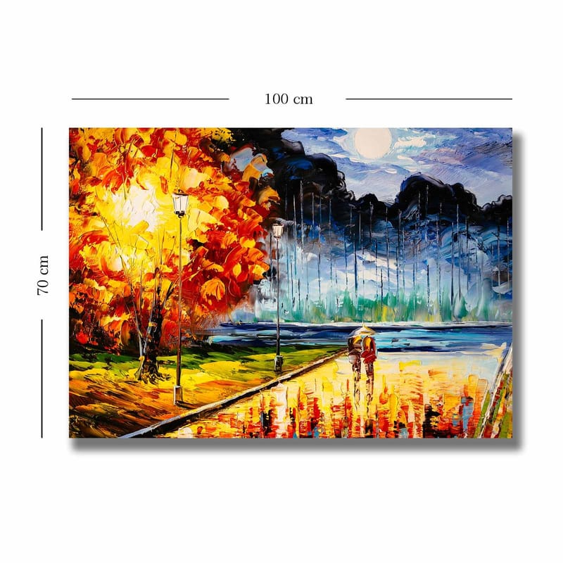 Lærred 70x100 cm - Romantisk gåtur under en månebelyst himmel med farverige efterårstræer - Orange / Blå / Rød - Boligtilbehør - Billeder & kunst - Billeder på lærred