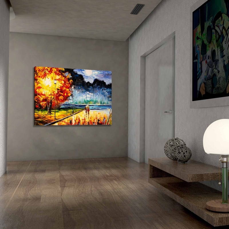 Lærred 70x100 cm - Romantisk gåtur under en månebelyst himmel med farverige efterårstræer - Orange / Blå / Rød - Boligtilbehør - Billeder & kunst - Billeder på lærred