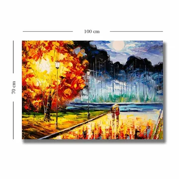Lærred 70x100 cm - Romantisk gåtur under en månebelyst himmel med farverige efterårstræer - Orange / Blå / Rød - Boligtilbehør - Billeder & kunst - Billeder på lærred
