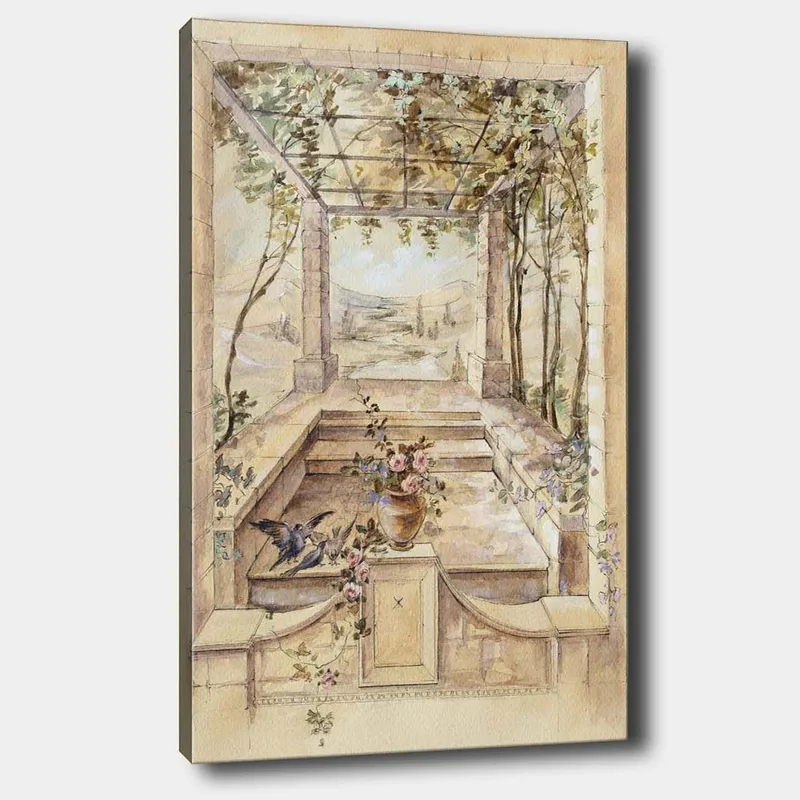 Lærred 70x100 cm - Romantisk have med smuk udsigt og blomster i vase, Beige / Grøn / Lyserød