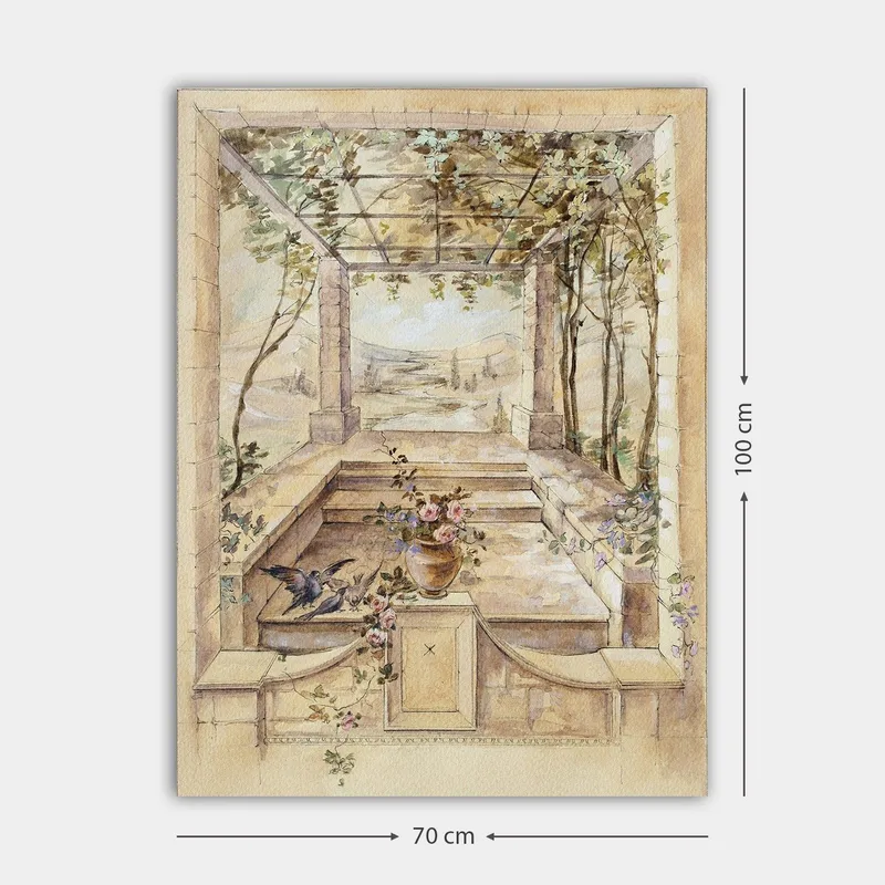 Lærred 70x100 cm - Romantisk have med smuk udsigt og blomster i vase - Beige / Grøn / Lyserød - Boligtilbehør - Billeder & kunst - Billeder på lærred