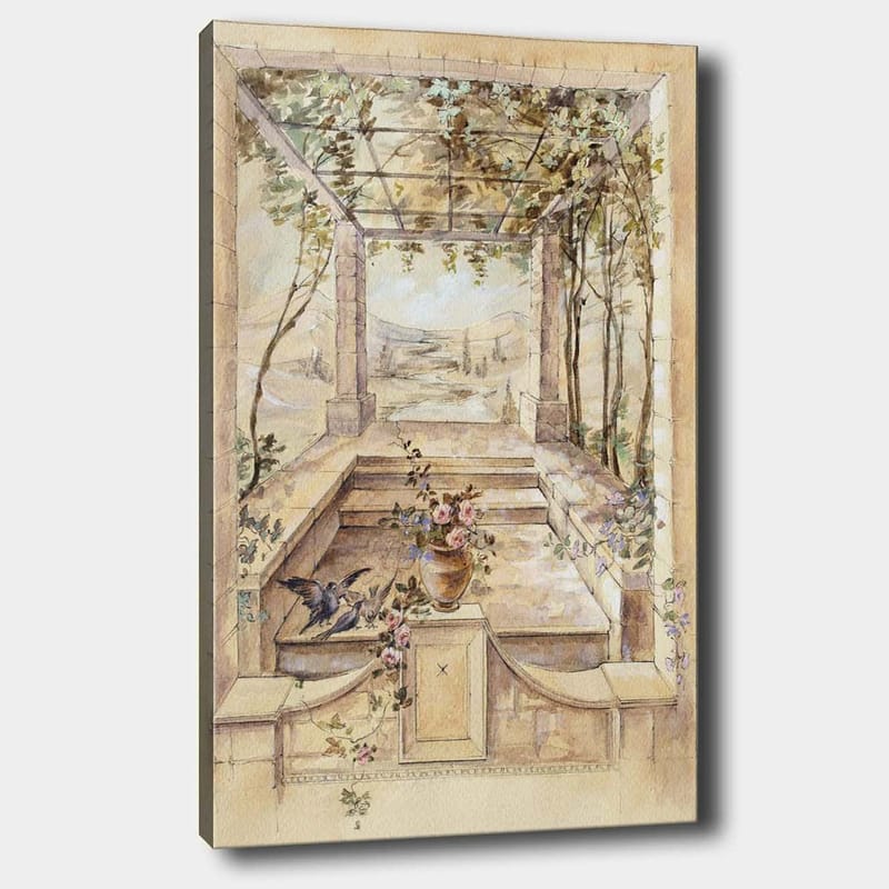 Lærred 70x100 cm - Romantisk have med smuk udsigt og blomster i vase, Beige / Grøn / Lyserød