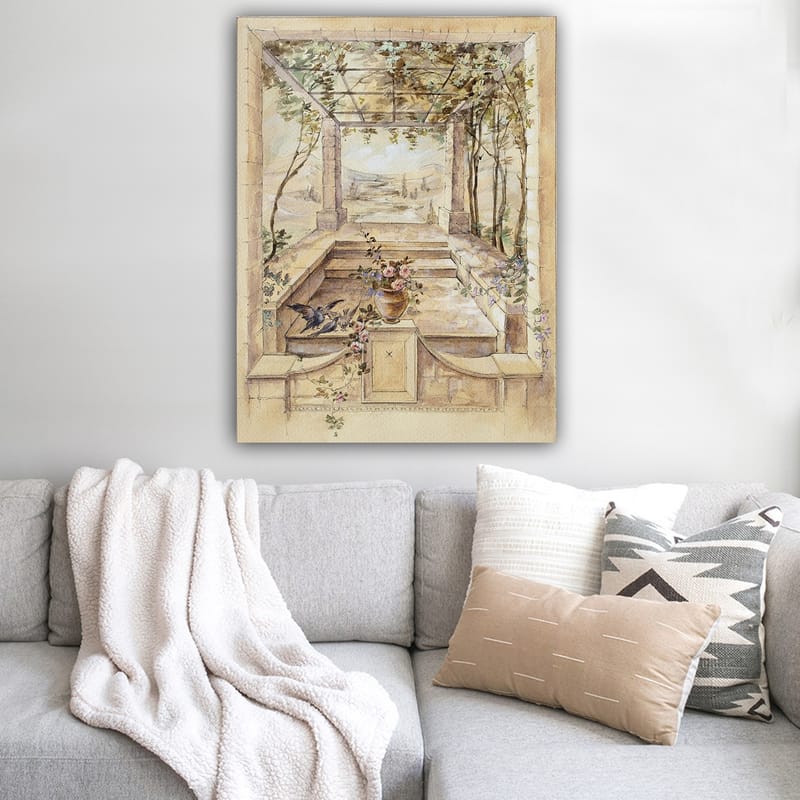 Lærred 70x100 cm - Romantisk have med smuk udsigt og blomster i vase - Beige / Grøn / Lyserød - Boligtilbehør - Billeder & kunst - Billeder på lærred