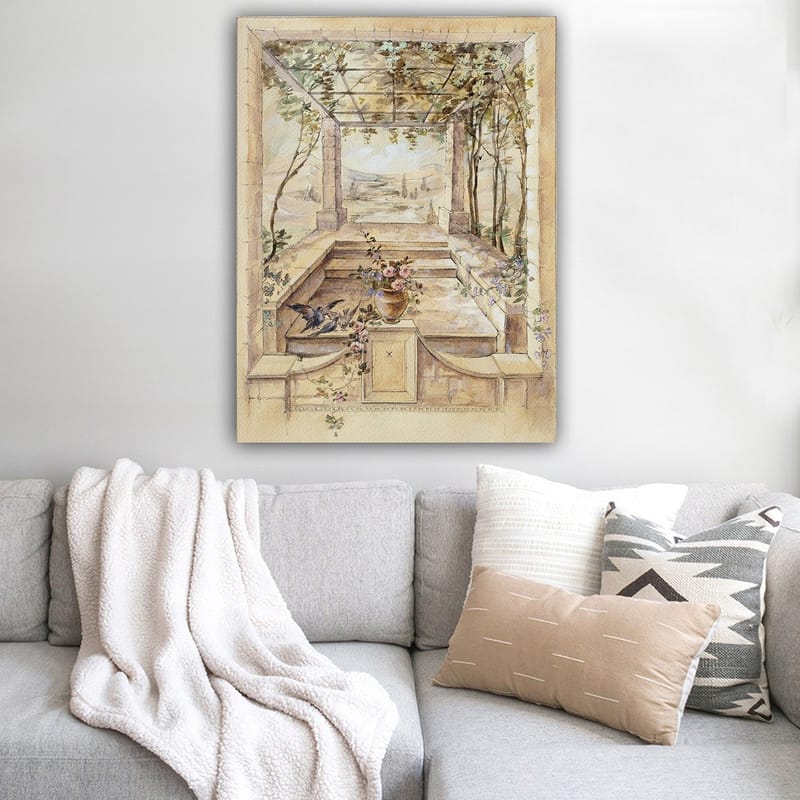 Lærred 70x100 cm - Romantisk have med smuk udsigt og blomster i vase - Beige / Grøn / Lyserød - Boligtilbehør - Billeder & kunst - Billeder på lærred