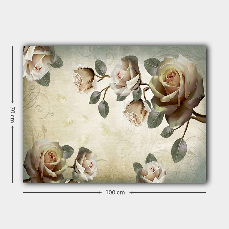 Lærred 70x100 cm - Romantisk komposition af roser i bløde nuancer, der symboliserer skønhed og kærlighed - Lys pink / Grøn / Beige - Boligtilbehør - Billeder & kunst - Billeder på lærred