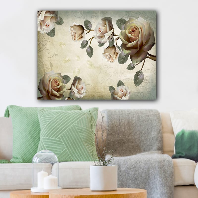 Lærred 70x100 cm - Romantisk komposition af roser i bløde nuancer, der symboliserer skønhed og kærlighed - Lys pink / Grøn / Beige - Boligtilbehør - Billeder & kunst - Billeder på lærred